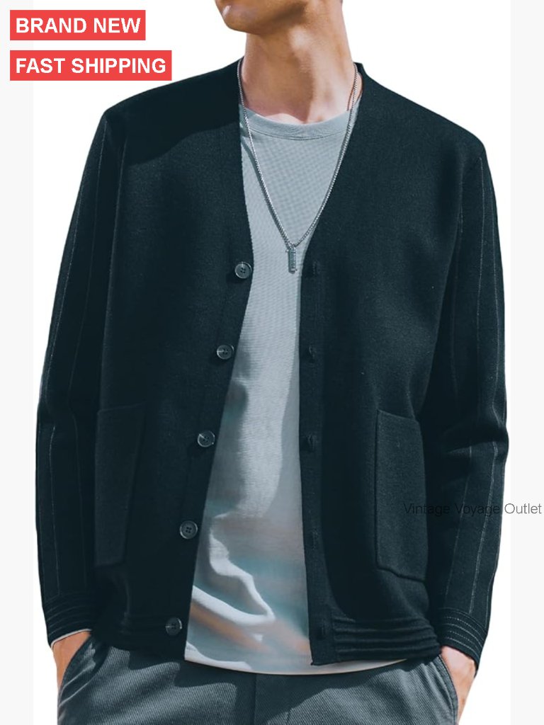 Men's V-Neck Cardigan Sweater, Polyester Blend, Lazy Style Jacket Clip